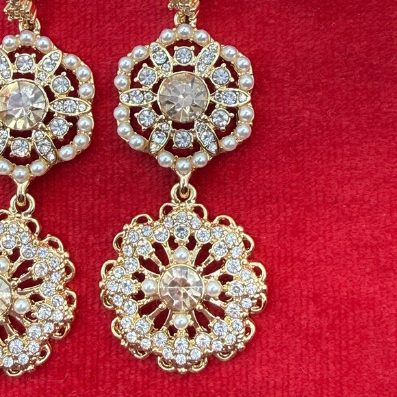 Marchesa Gold-Tone Crystal & Imitation Pearl Flower Double Drop Earrings - Picture 12 of 13